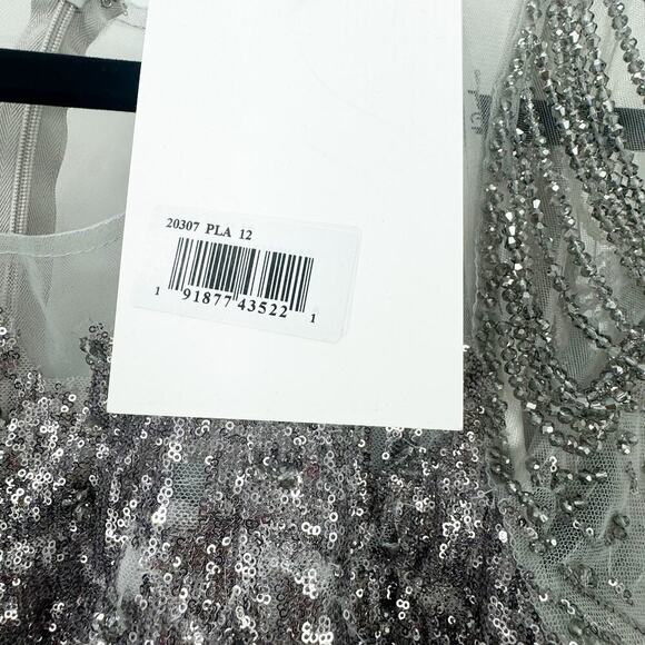 Mac Duggal Jewel Encrusted Illusion Long Sleeve A Line Gown Platinum Size 12 NWT - Picture 10 of 12